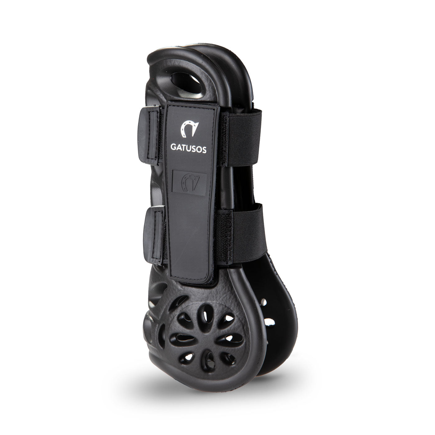 Black Gatusos protective horse leg boot with ventilation holes and Velcro straps