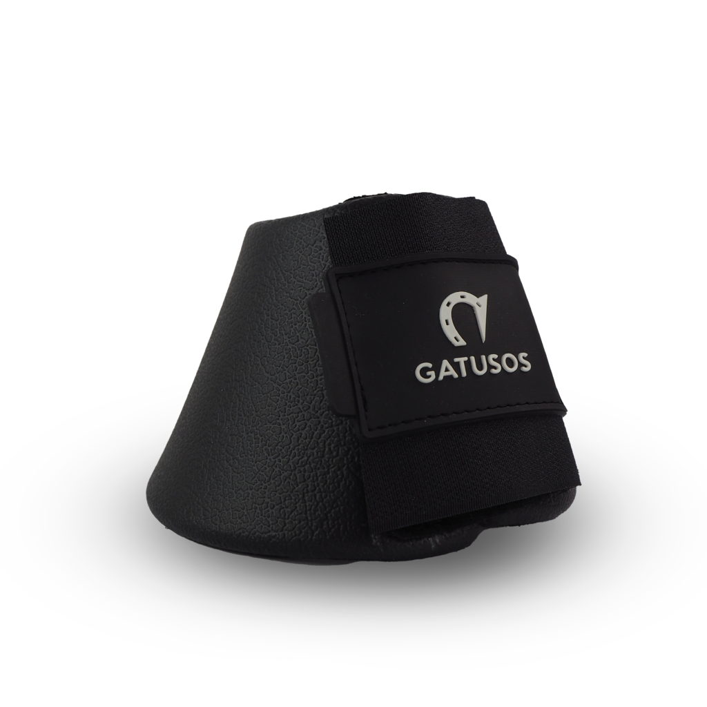 Black Gatusos horse bell boot with textured surface and elastic strap for horse tack