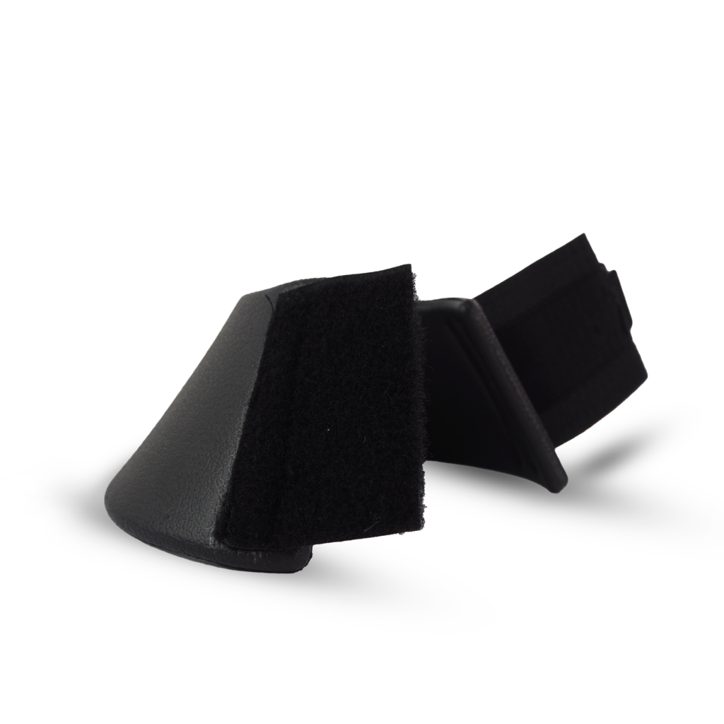 Black leather horse bell boot with Velcro closure for equine protection and tack