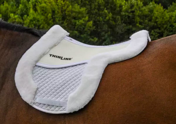White ThinLine saddle pad with quilted fabric and fleece trim on a brown horse, outdoor setting
