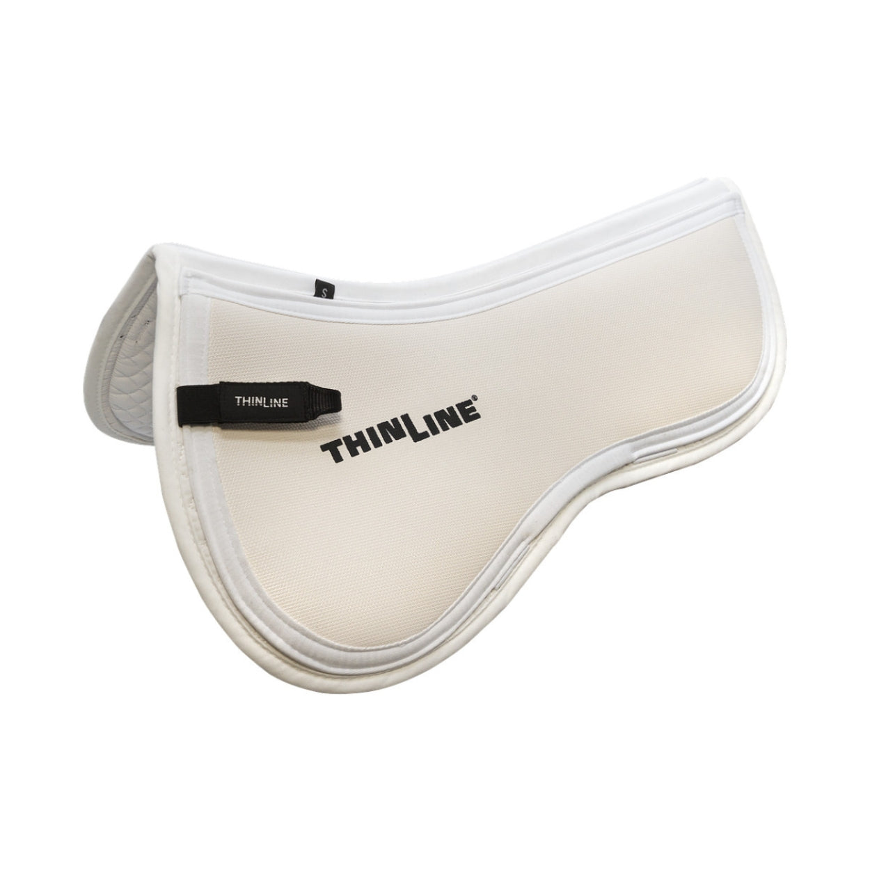 White Thinline cotton half pad for horse saddle with black logo and black strap